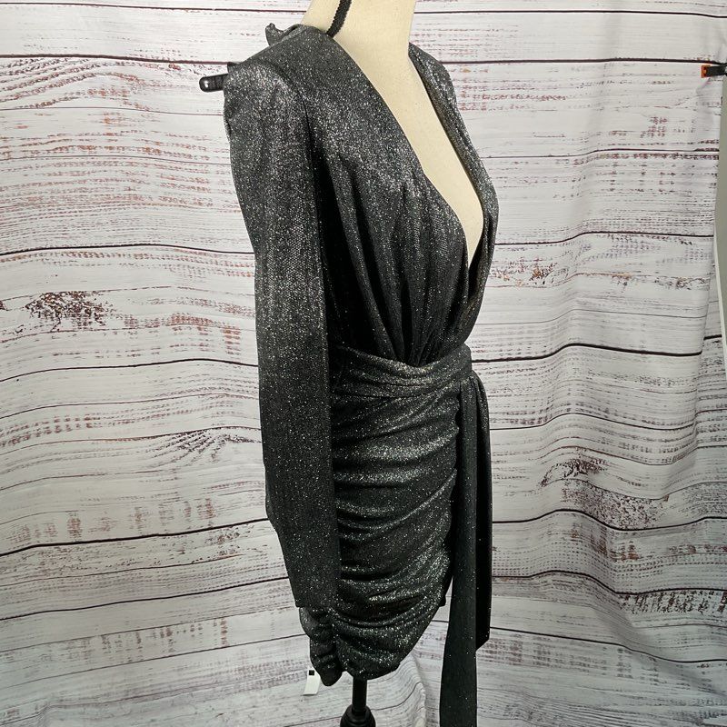 HOUSE of CB London Women Black Glitter Ruched Pleated Low V-Neck Dress- SZ XS