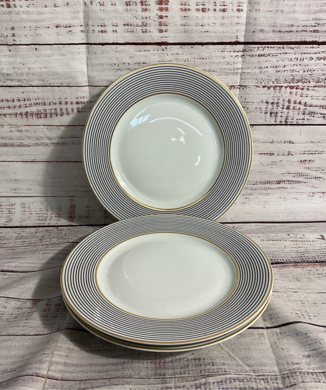 Set Of 3 Raynaud Ceralene Limoges Crinoline Black Dinner Plate White Gold 9"
