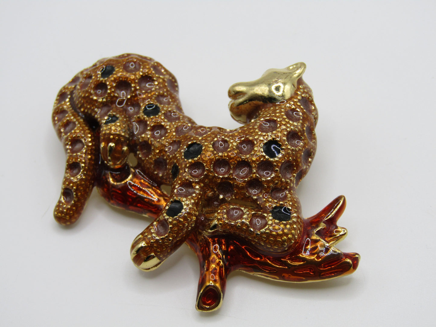 Gold Plated Enamel Leopard on Branch Brooch Pin