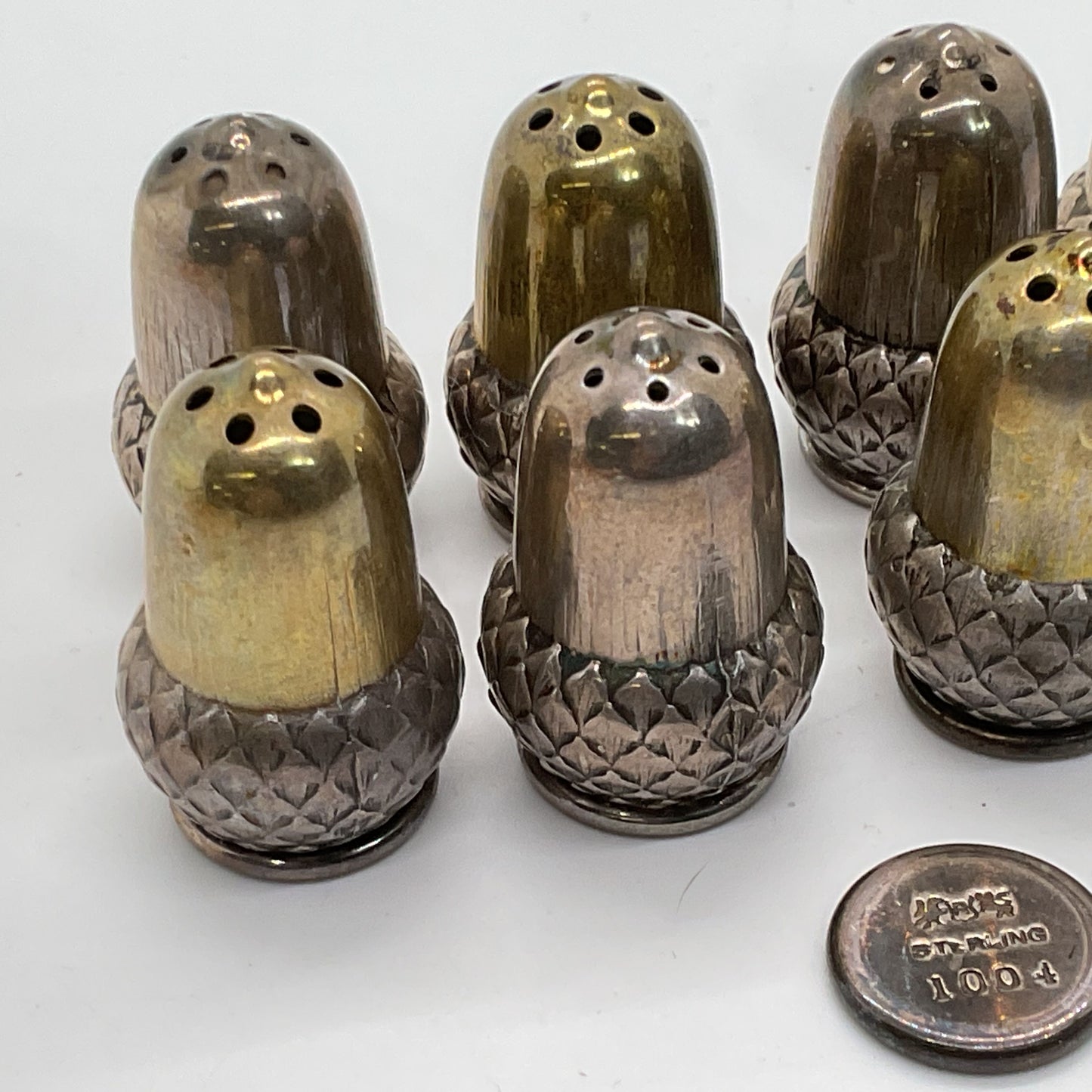 ANTIQUE 1920's REED & BARTON Sterling Silver 1" Acorn Salt Shakers- Set of 8