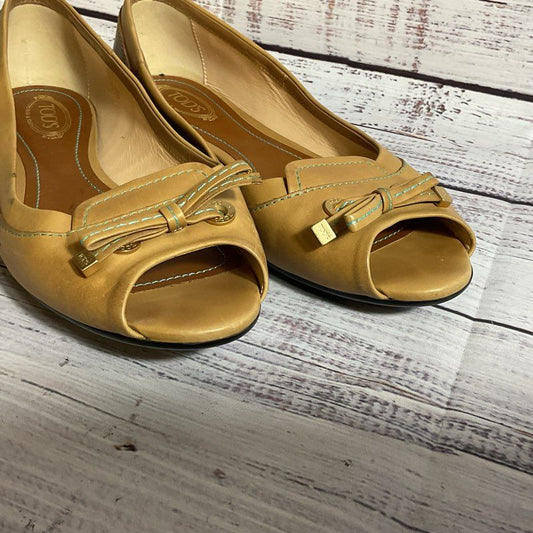 TOD'S Women's Tan Peep Toe Bow Flat Shoes-SZ 36.5