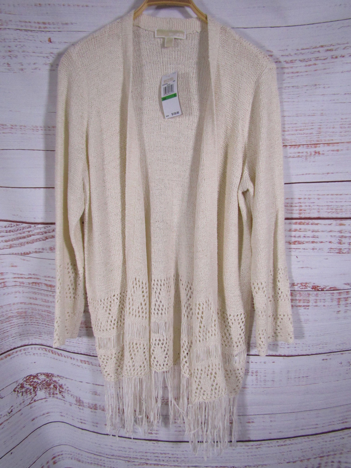 Michael Kors Women's Cream Crochet Knit Open Fringe Cardigan Sweater Size L