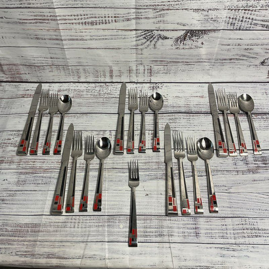 Kirk Stieff Composition Cloisonne Red/Black Mondrian 21 Piece Flatware Set