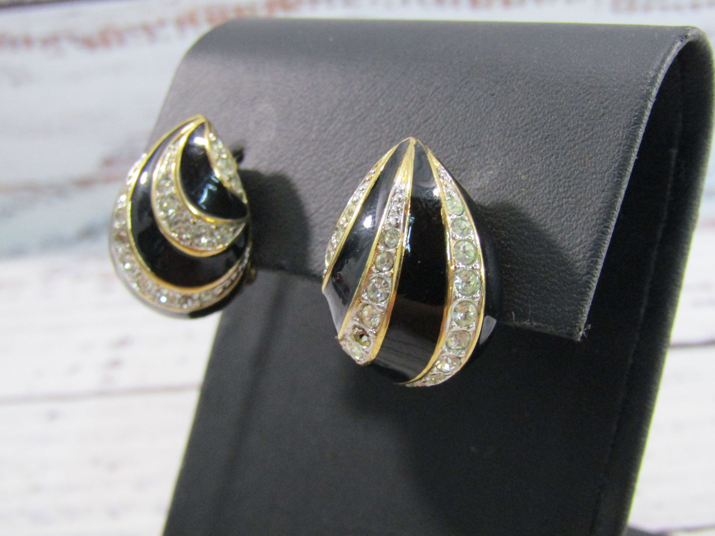 Vintage Nina Ricci Gold Plated Rhinestone Accent Black Enamel Clip-on Earrings