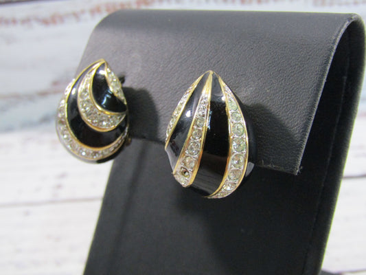 Vintage Nina Ricci Gold Plated Rhinestone Accent Black Enamel Clip-on Earrings