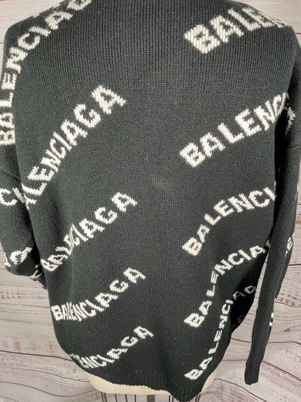 Balenciaga Sweater All Over Logo Wool Knit Pullover Size XL Black