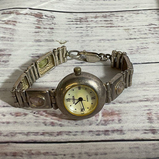 VTG. BOMA Women's Sterling Silver Mother of Pearl Face Multi Gemstone Watch- 6"
