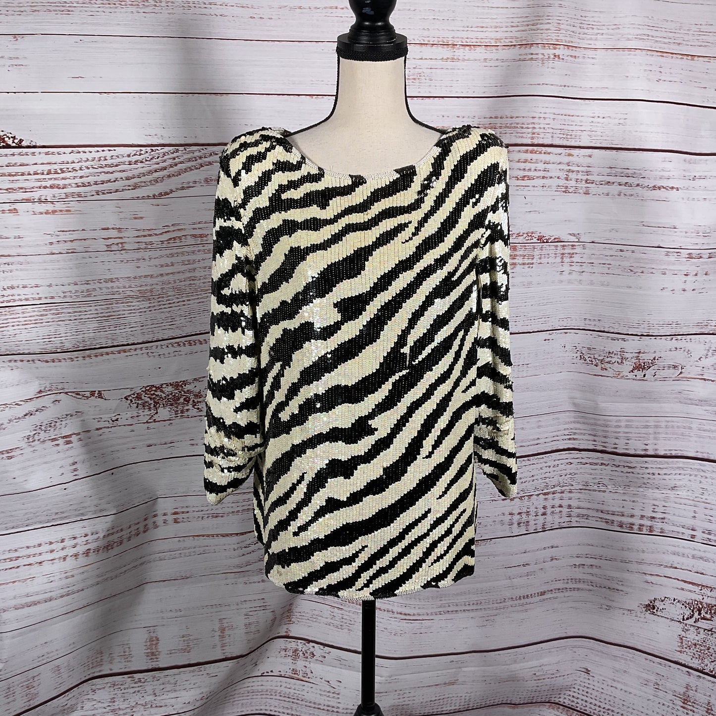 St. Martin Zebra Pattern White Black Sequin Long Sleeve Blouse - Size See Photos