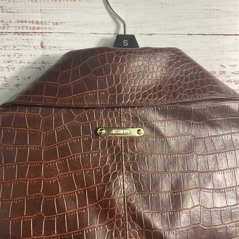 Jason Wu Brown Faux Leather Croc Embossed Cropped 2 Pocket Blazer Jacket Size M