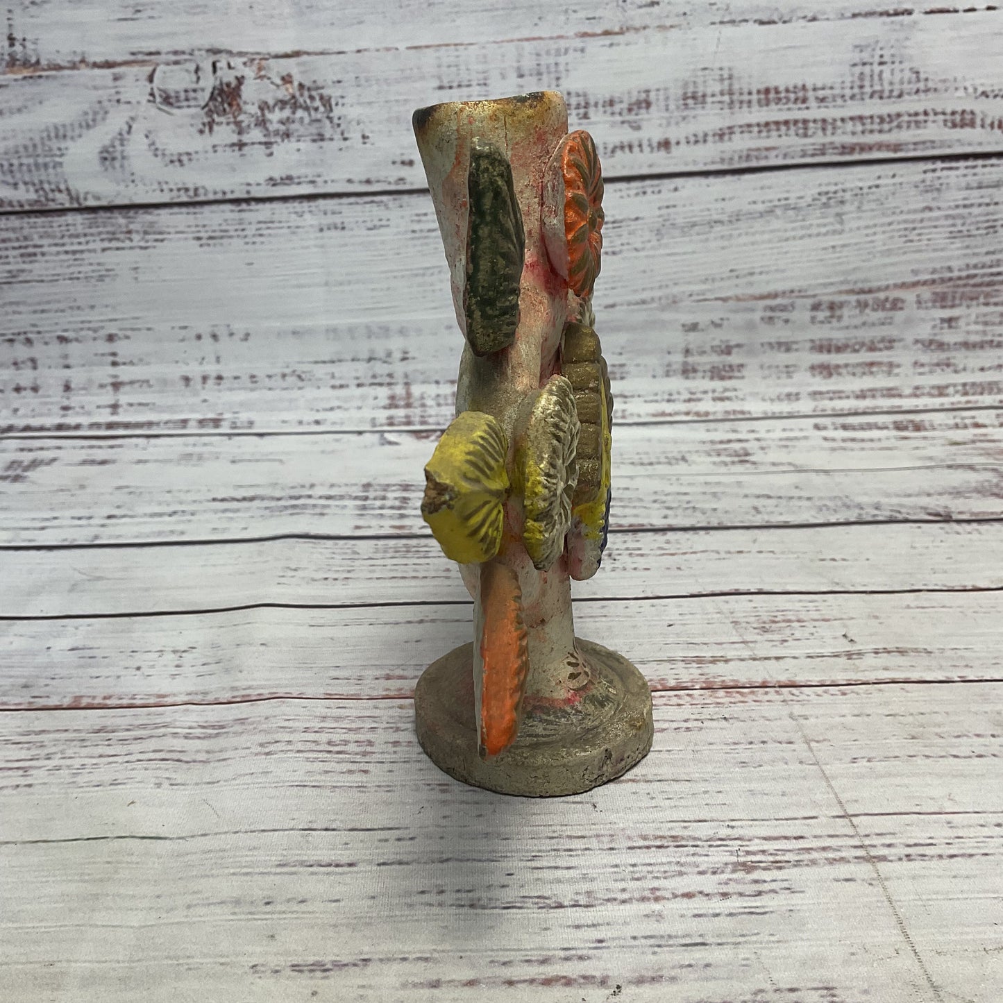 Mexican Folk Pottery Terracotta Candle Holder Tree of Life Flowers Leaves 6"