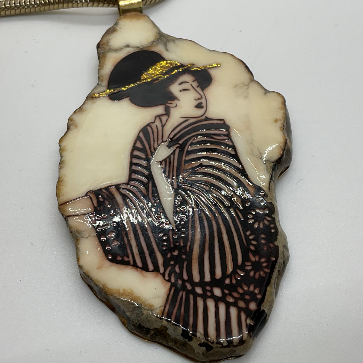 VTG. Brass Hand Painted Resin Geisha Snake Chain Necklace