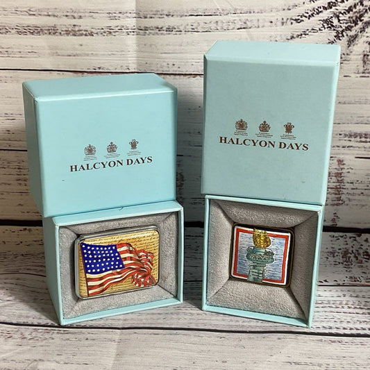 Set of 2 VTG. HALCYON DAYS American Flag and Statue of Liberty Trinket Boxes