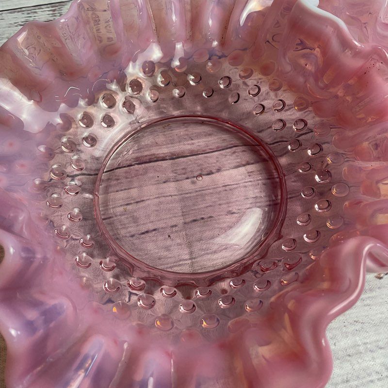 Set Of 2 Vintage Opalescent Pink Ruffle Edge Hobnail Glass 5" Trinket Dishes