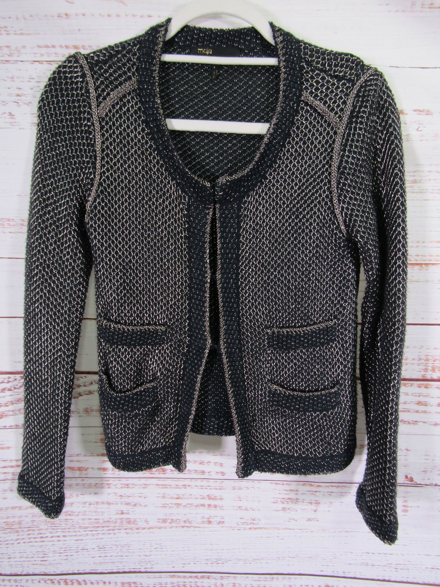 Maje Women's Black Metallic Silver Knit Cotton Blend Cardigan Sweater Size 1