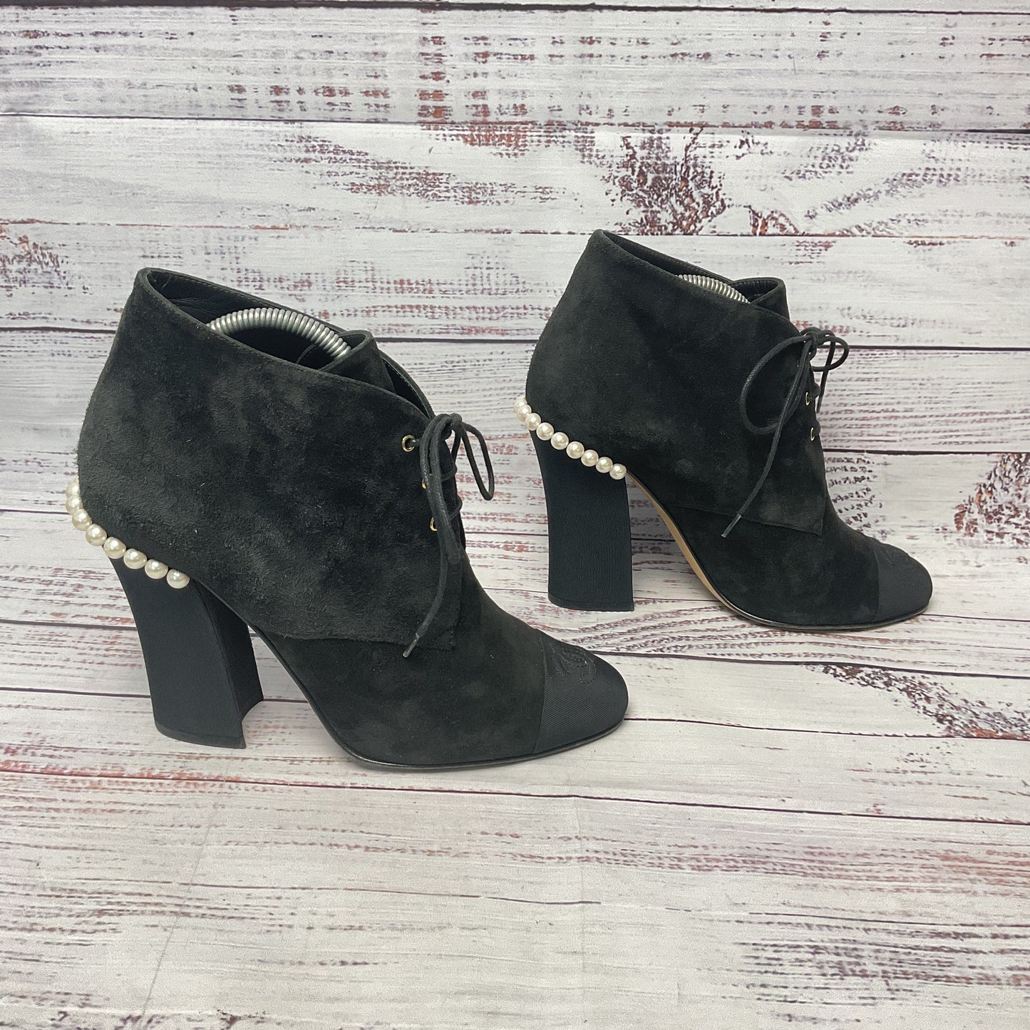 Chanel Black Suede Ankle Boot Heel Bootie Pearl Accent Women Size 6.5