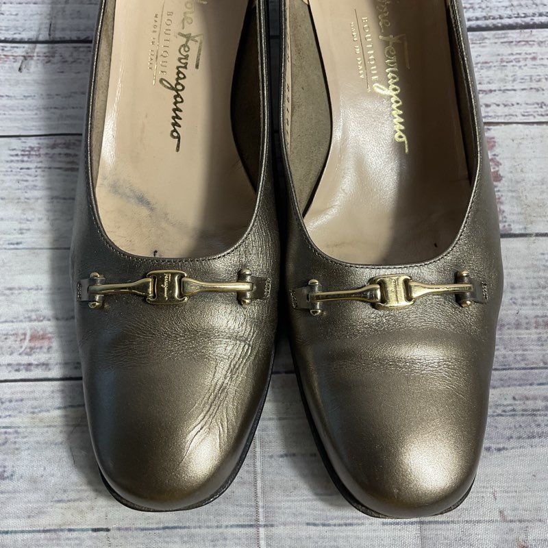 VTG. Salvatore Ferragamo Bronze Leather Horsebit Toe Pump Heel Women 9