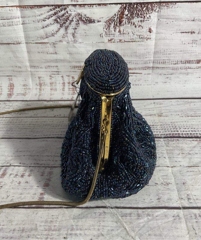 Vintage La Regale Metallic Beaded Dark Blue Clutch Bag Gold Tone Strap