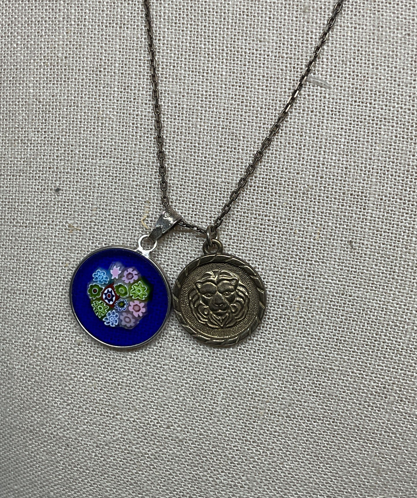 Sterling Silver Chain Necklace Multicolored Millefiori & Round Pendant