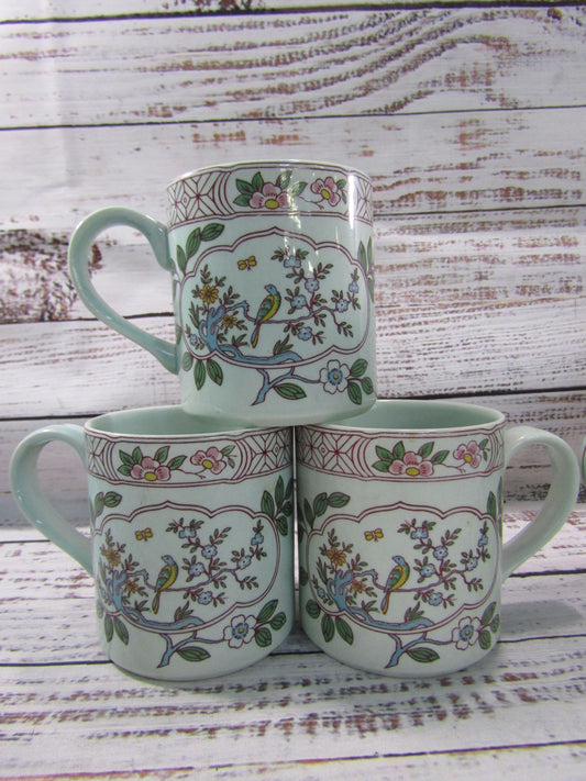 Adams Singapore Bird Floral Bird Motif Ironstone Mugs Made in England Set of 6