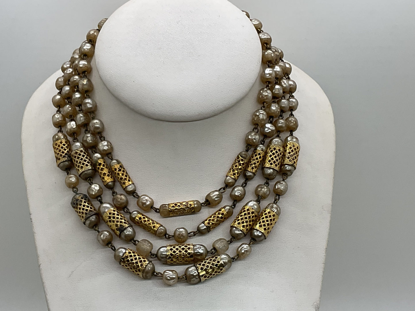 VTG. FREIRICH Gold Tone & Faux Pearl 3-Strand Necklace- 16"