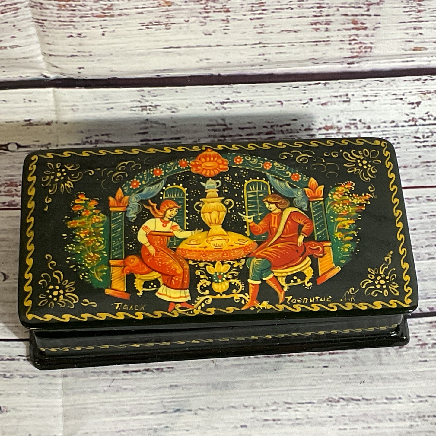 VTG. Russian Black Lacquer Hand Painted Trinket Box- 5" x 2.75"