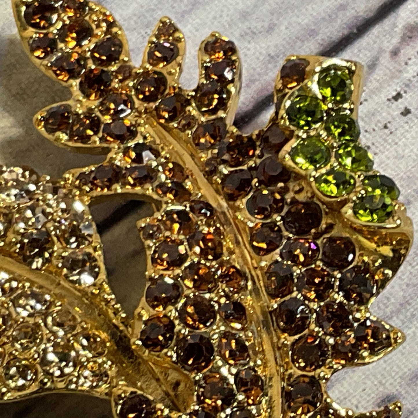 KENNETH JAY LANE Gold Tone Multicolor Rhinestone Leaf Brooch- 3"