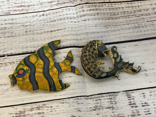 Set of 2 VTG. Brass & Enamel Fish Brooches