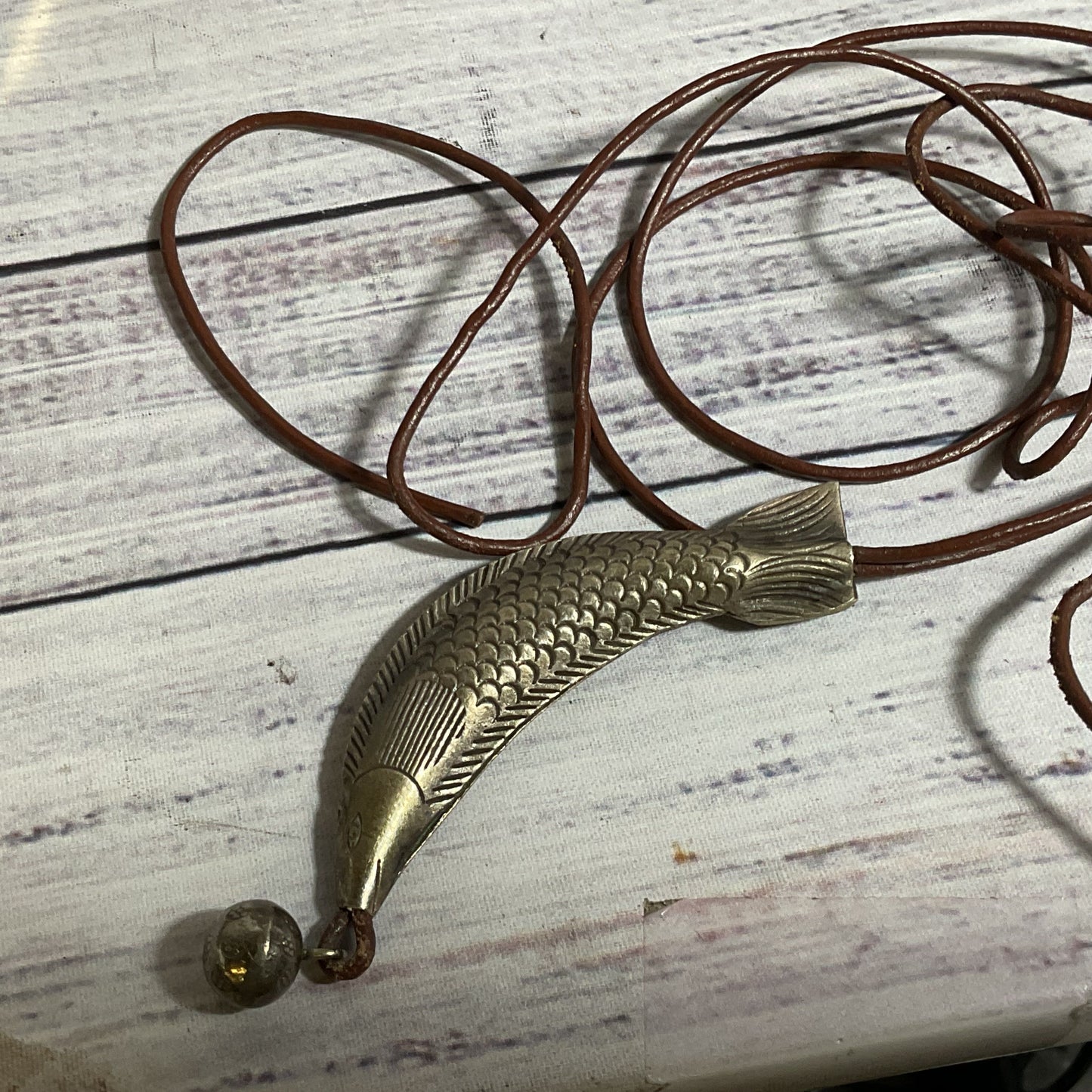 Sterling Silver 3.75" Fish Pendant Leather Cord Necklace- 18.62