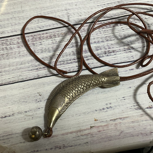 Sterling Silver 3.75" Fish Pendant Leather Cord Necklace- 18.62