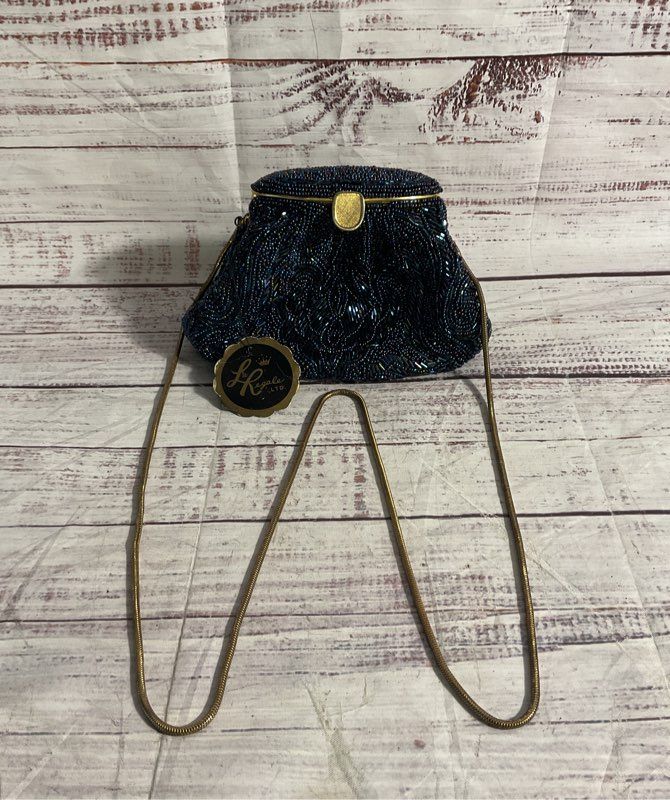 Vintage La Regale Metallic Beaded Dark Blue Clutch Bag Gold Tone Strap