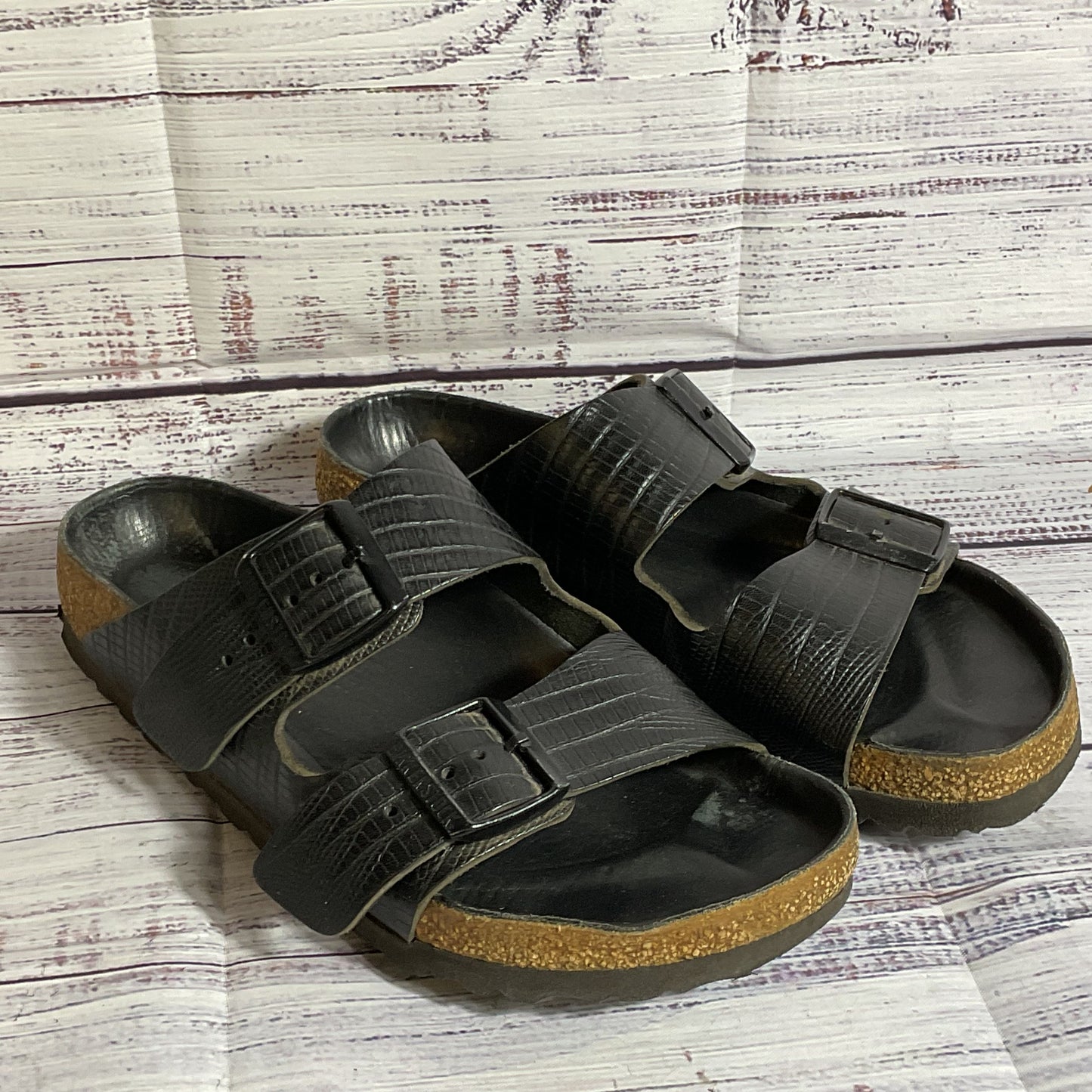 BIRKENSTOCK Arizona BS Unisex Black Faux Snake Slide Sandals- SZ 4M/6W