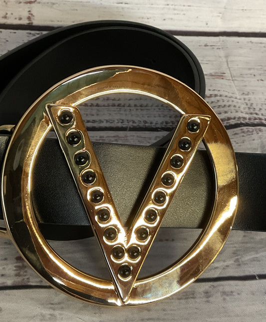 Valentino by Mario Valentino Giusy Embellished Logo Leather Belt Black S