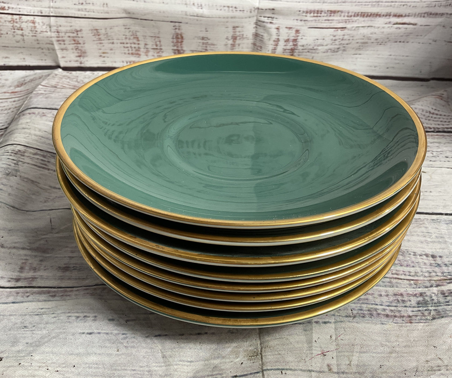 Flintridge Set of 8 Sylvan Soup Bowl Plates Teal Green Gold Trim