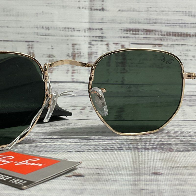 NWT Ray-Ban Hexagonal Green Lens Polished Gold Frame Sunglasses w/ Case