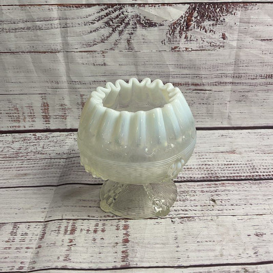 Vintage Opalescent Button & Panel Primrose Ruffle Edge 4" Glass Bowl Vase