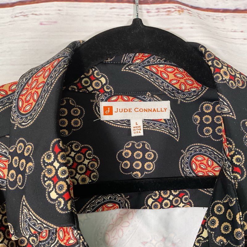Jude Connally Black & Red Paisley Spandex Blend Button Up Blouse - Size L