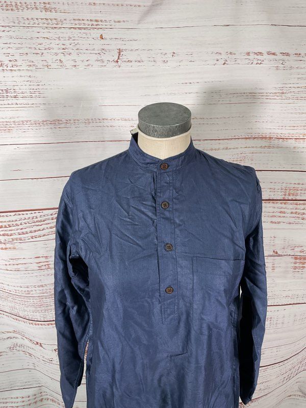 NEW Fabindia Shirt Men's Kurta Long Slim Fit Khadi 1/4 Button Blue Size 36