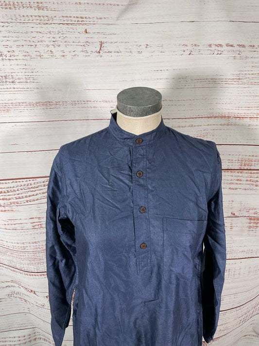 NEW Fabindia Shirt Men's Kurta Long Slim Fit Khadi 1/4 Button Blue Size 36