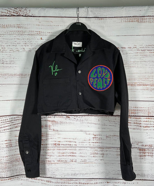Valas Black Cropped Peace & Love Bowler Shirt - Size Medium