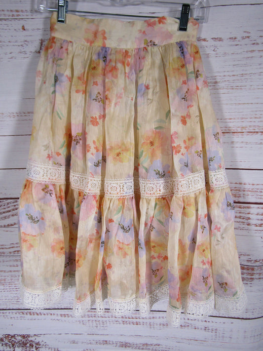 Petite Amalie Girl's Floral Watercolor Print Silk Linen Ruffle Hem Skirt Size 12