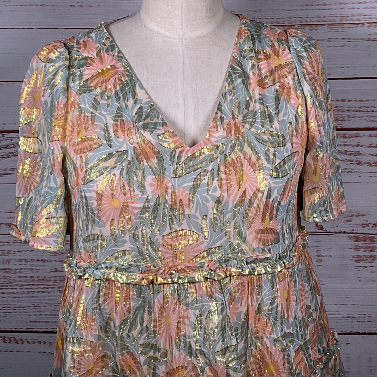 SEZANE Women's Floral Metallic Ruffle Short Dress- SZ 34