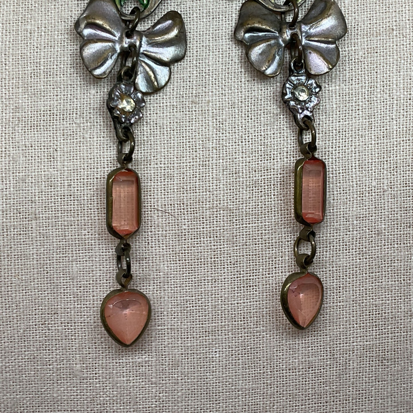 VTG. BANANA BOB?? Bow Dove Rhinestone Dangle Earrings- 3.5"
