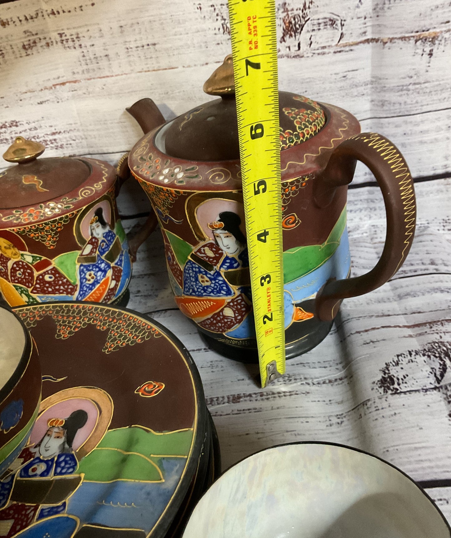 Vintage Japanese Satsuma Moriage Tea Set Cups Saucers Teapot Plates 16Pcs