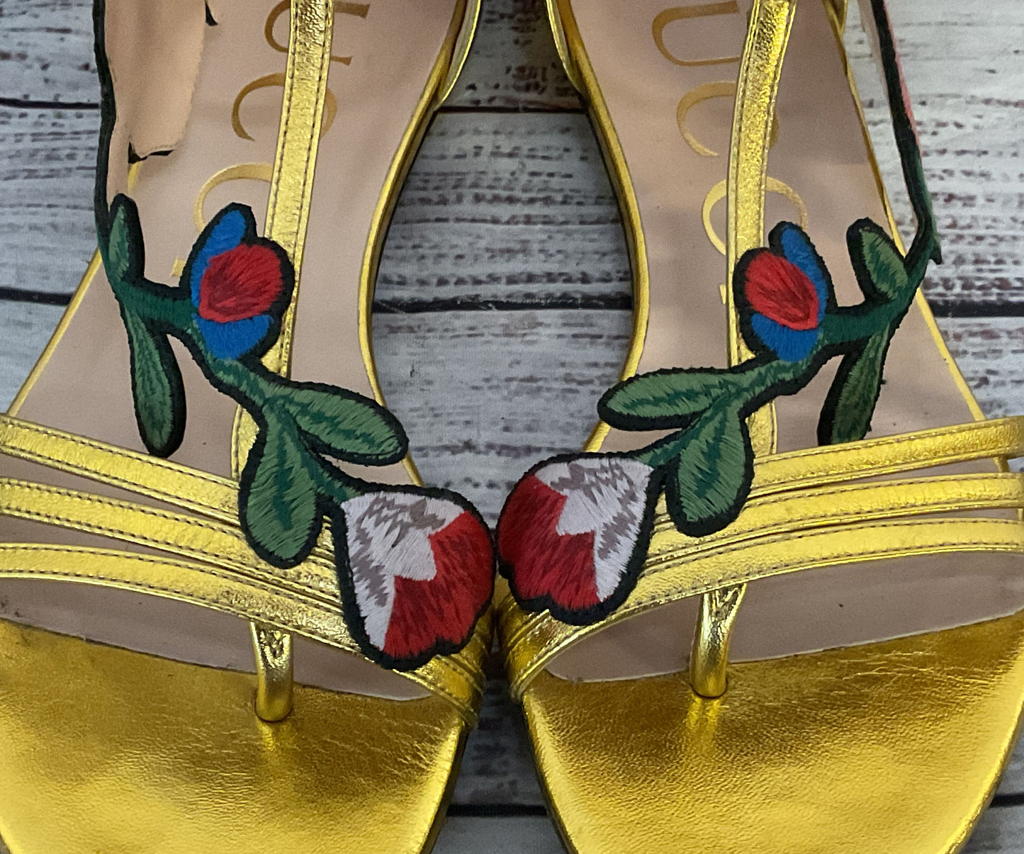 Gucci Leather Ophelia Floral Embroidered Flat Sandals Gold 6