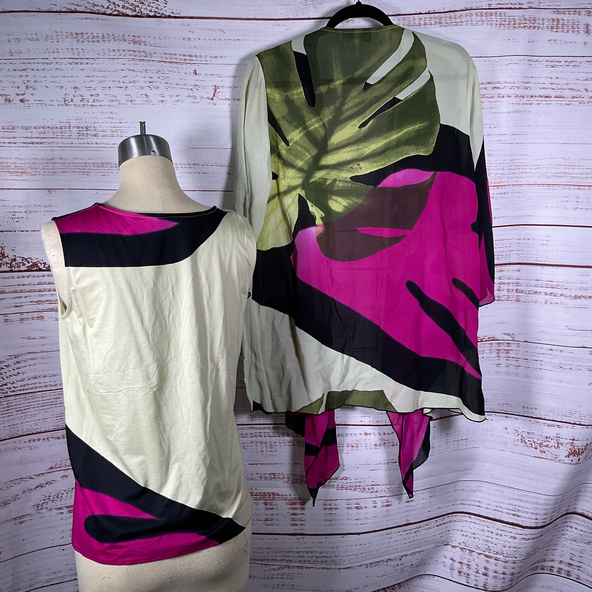 2pc CAROLINE ROSE Women's Green/Pink Cardigan & Tank Blouse- SZ SP