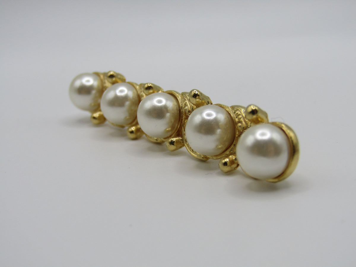 67 Jewelry Gold Plated Faux Pearl Rhinestone Accent Bar Brooch Pin