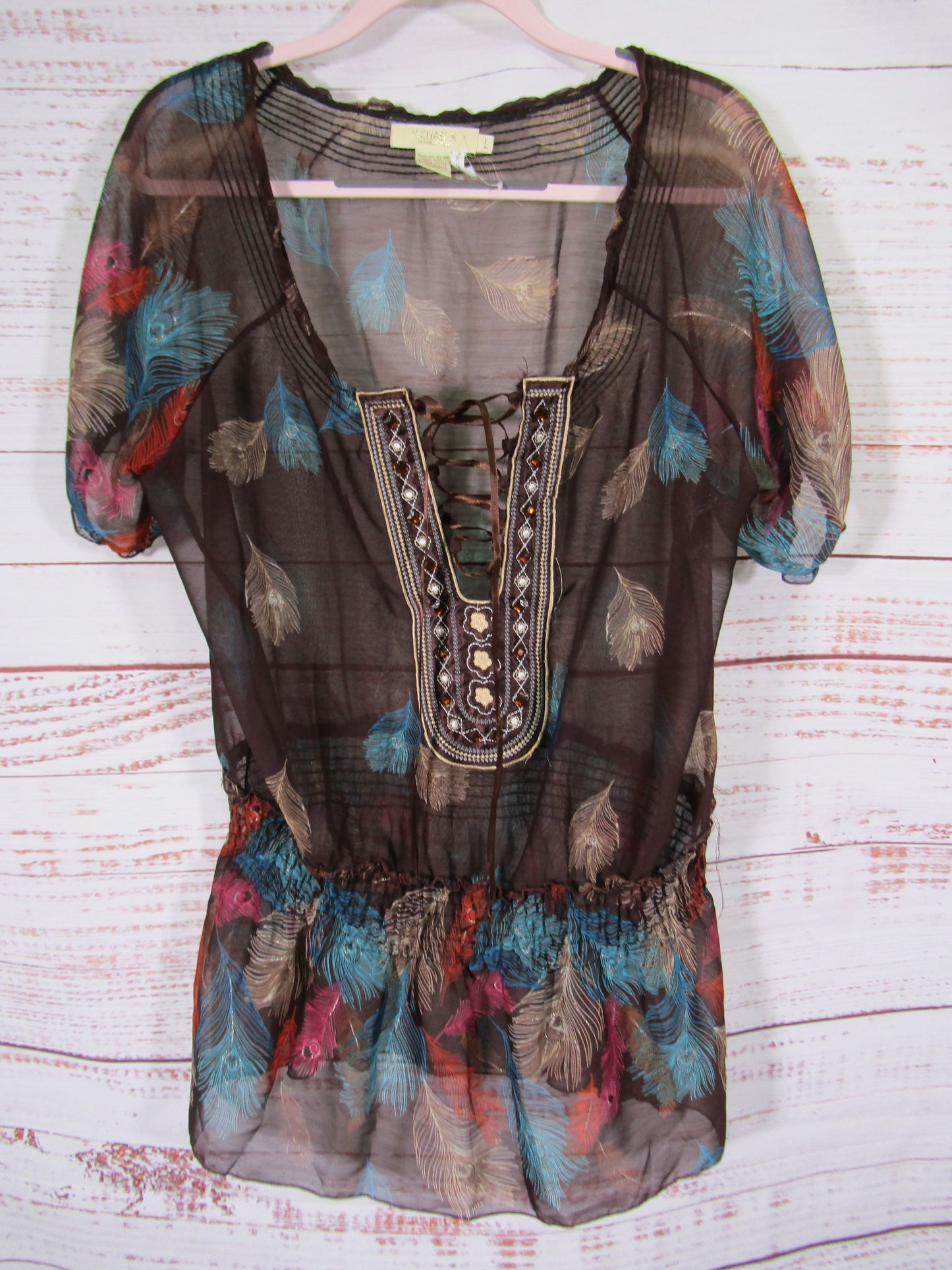 Michael K Women's Multi-Color Feather Print Blouse Size L