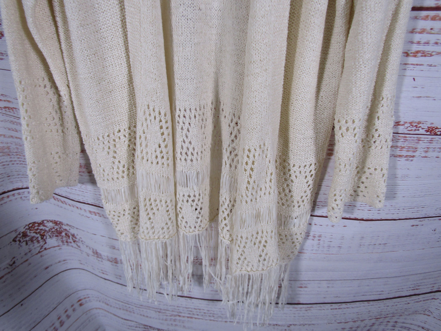 Michael Kors Women's Cream Crochet Knit Open Fringe Cardigan Sweater Size L