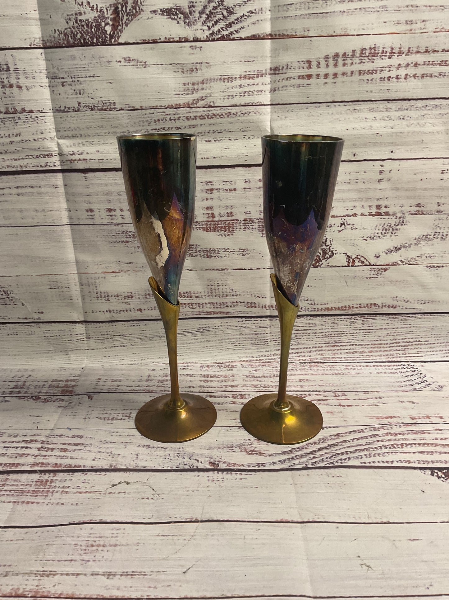 Pair Of Silver Plated And Brass Champagne Flute Glasses