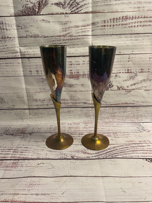 Pair Of Silver Plated And Brass Champagne Flute Glasses